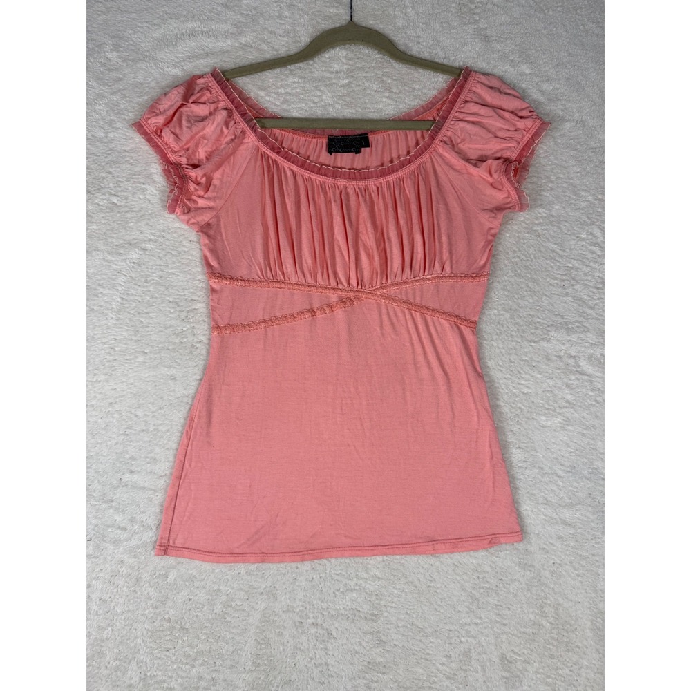 MCM Cap Sleeve Top Womens Large preppy Pink babydoll coquette Mesh Lace Y2K